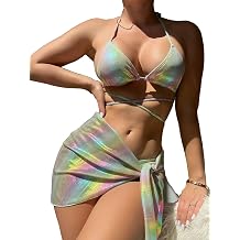 YAUASOPA Women's Festival Rave Outfits Metallic Bikini Sets Thong Bathing Suit Beach Skirt 3 Piece Triangle Swimsuits
