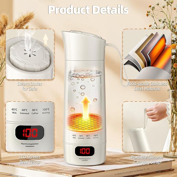 Mini Bouilloire électrique Portable 400 ML, 3 en 1 Bouilloire de Voyage avec 4 Niveaux de Réglage de la Température, Doublure en Acier Inoxydable 304, Protection Contre les Brûlures à Sec - 5