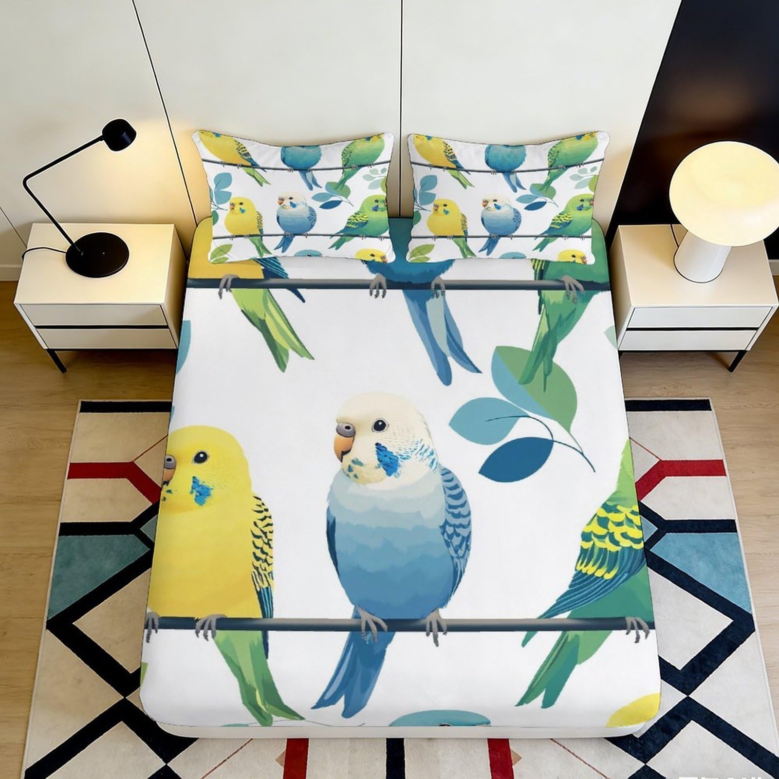 3D Printed Parrot Fitted Sheet Microfiber Soft Breathable Colorful Bird Mattress Cover for Bedroom Dormitory Guest Room Mattress Protection Decor 200x200x25cm