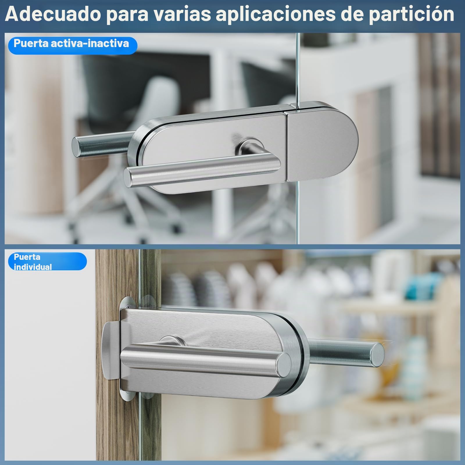 Ranbo Cerradura de Paso para Puerta de Cristal, Plata Cepillada | Sin cilindro ni llaves, con manillas a ambos lados, para cristal templado de 8–12 mm en oficinas e interiores