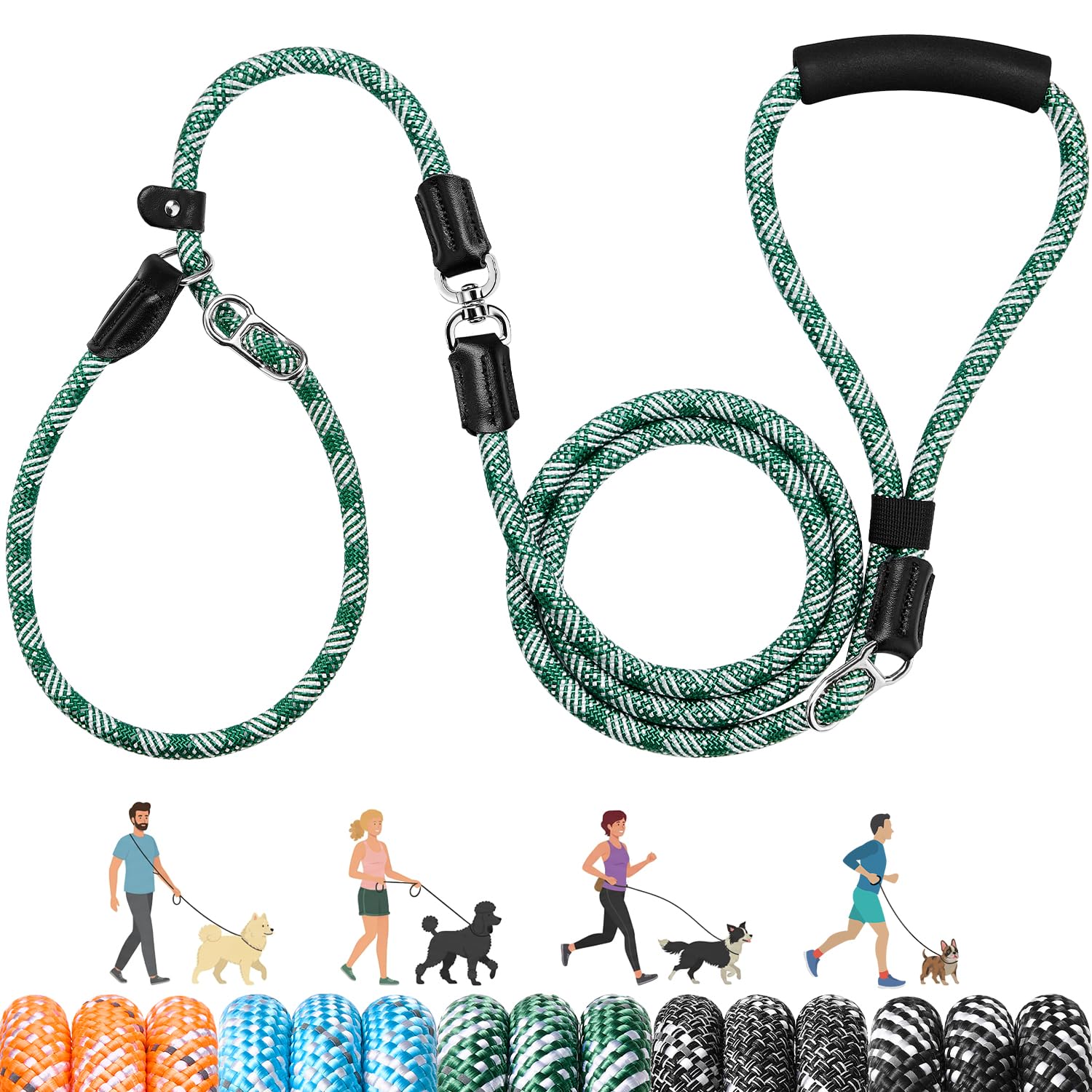 Eyein Slip Lead for Dogs - No Tangle Adjustable Length 1.2-1.8m Dog Lead, Heavy Duty 1.3cm Nylon Rope Leash Reflective, No Pull Puppy Training Leash for Medium Large Dogs (Green)