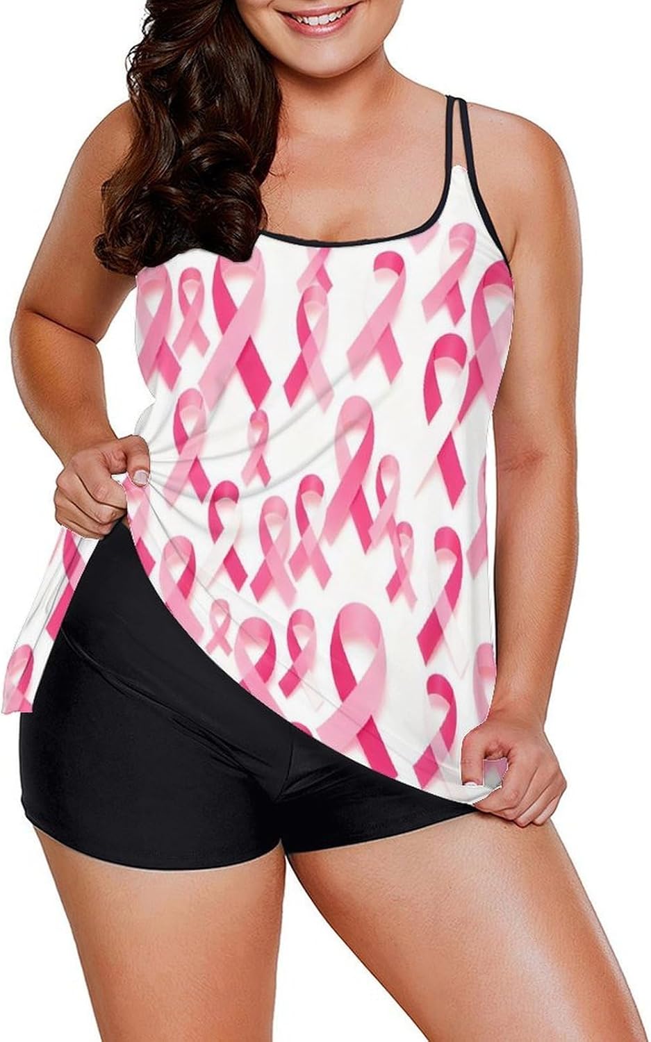 Women's Modest Tankini Bathing Suits, Breast Cancer Awareness Pink Ribbons, Tummy Control Tankini Top with High Waisted Shorts, Large