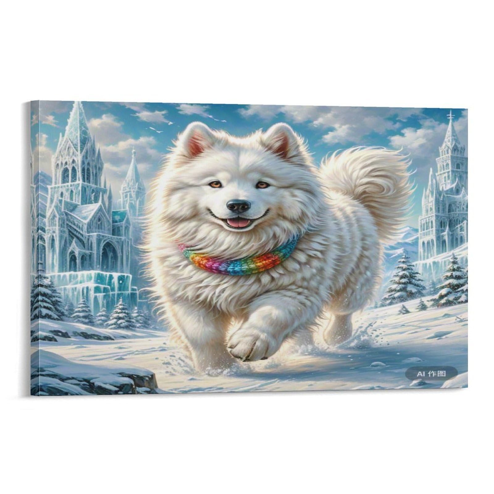 CPLVKWRQJ Snowy Samoyed Running Amid Ice Castles Single Fluffy Samoyed Running Icy Castle Valley Canvas Wall Art - Housewarming Gift Living Room Focal Point Ready to Hang Decor 20x30inch(50x75cm)