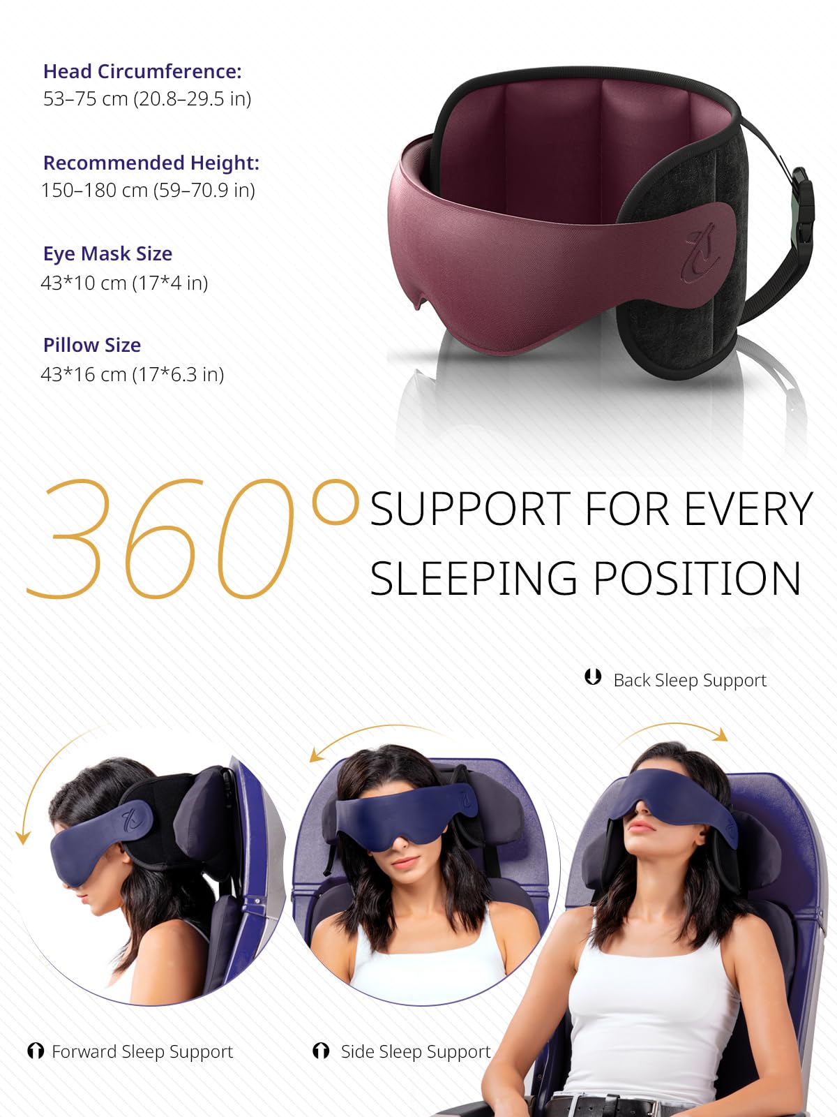 Bonairest Reiskussen, nekkussen voor lange vliegreizen, oversized hoofdband met 3D-slaapmasker, 360°-steun voor het hoofd, stopt wiebelhoofd, ultieme reisbenodigdheden voor mannen en vrouwen, rood