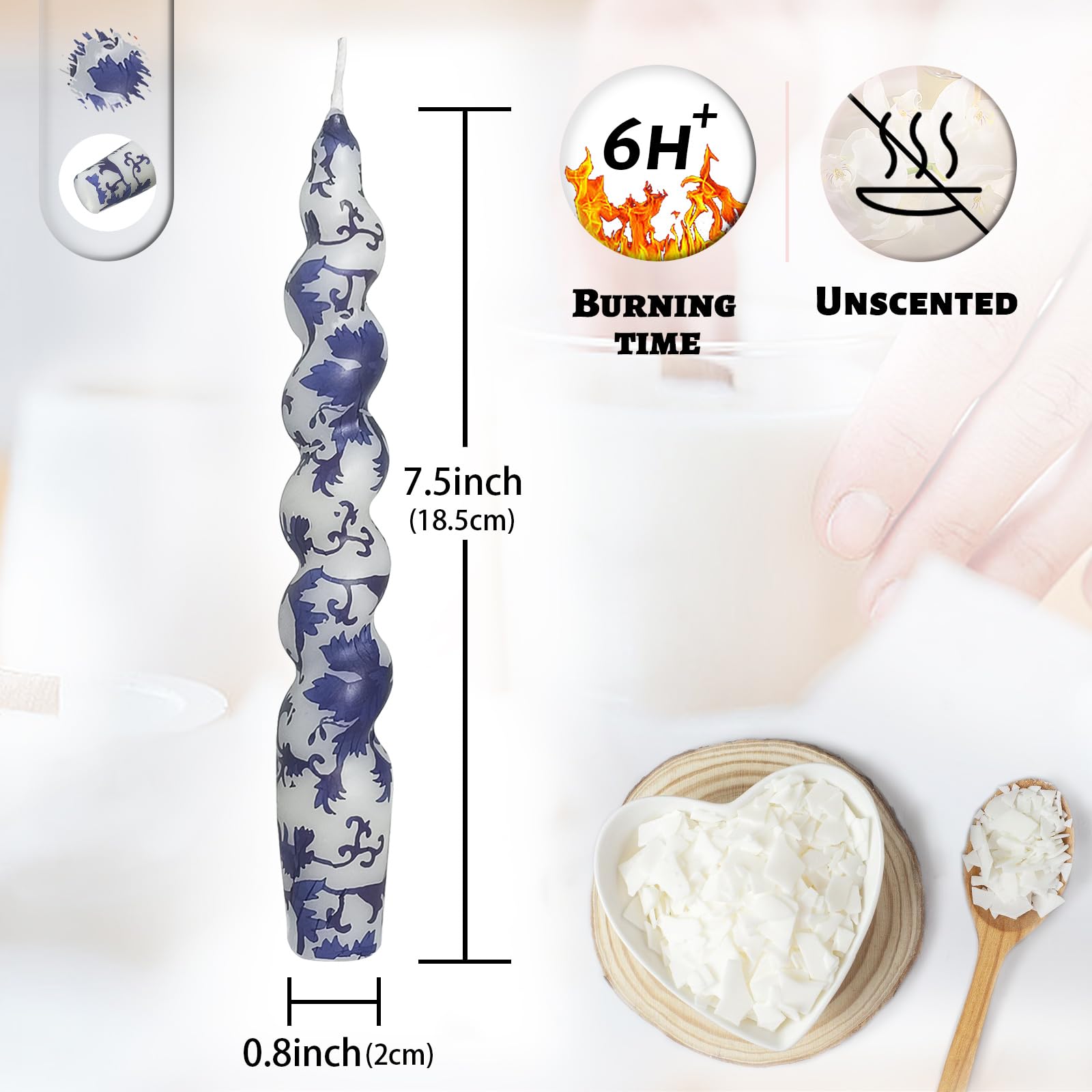 Unscented Floral Taper Candle Spiral Candlesticks - Set of 2 Blue and White Handmade Twisted Candle 7.5 Inch Cute Print Tapered Candles for Home Wedding Dinner Gifts