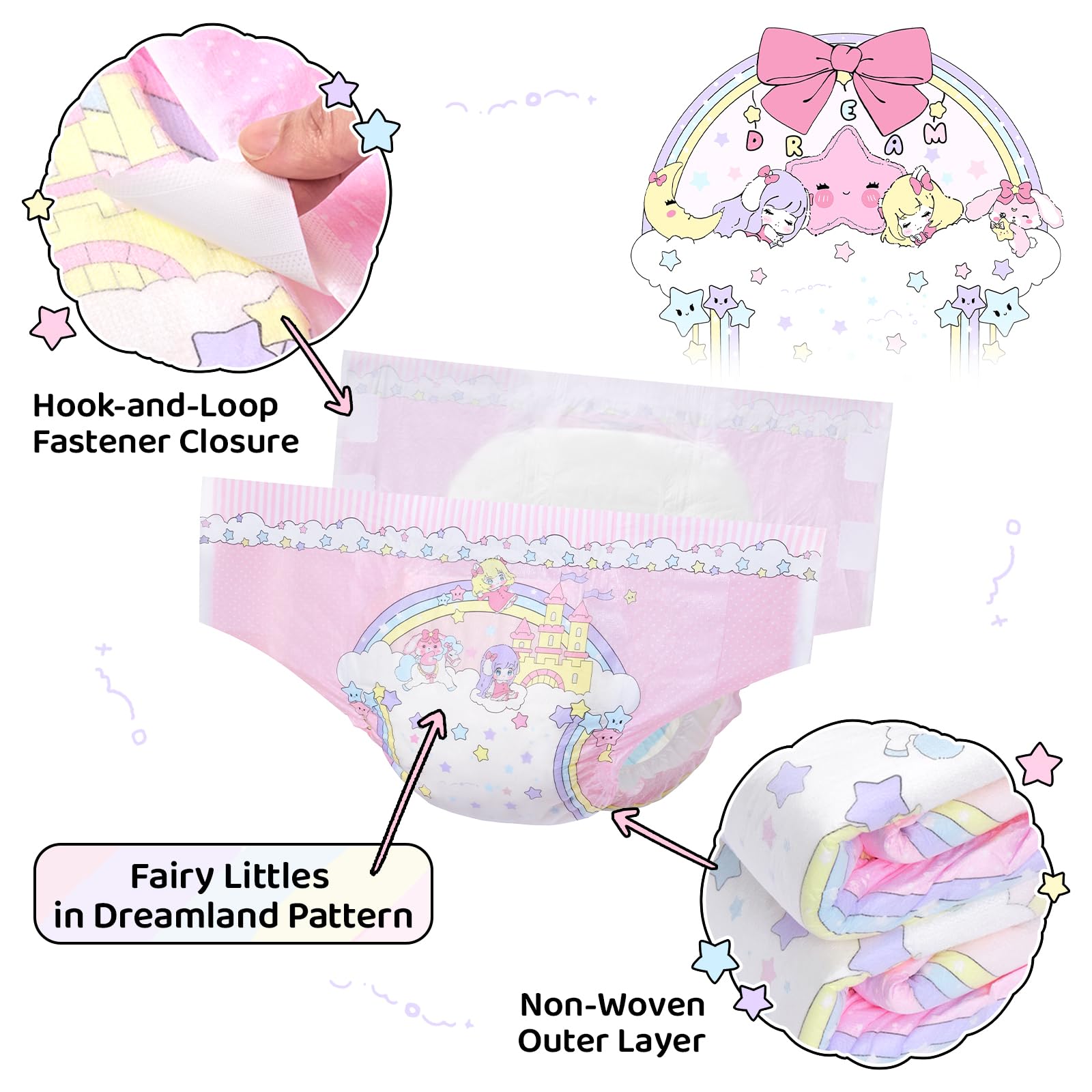 LittleForBig Ultra chłonne 7000 ml regulowane zapięcie na rzep tkaninowa pielucha z tylnym panelem z nadrukiem dla dorosłych 2 sztuki - Fairy Littles in Dreamland (duża 91 cm - 122 cm)