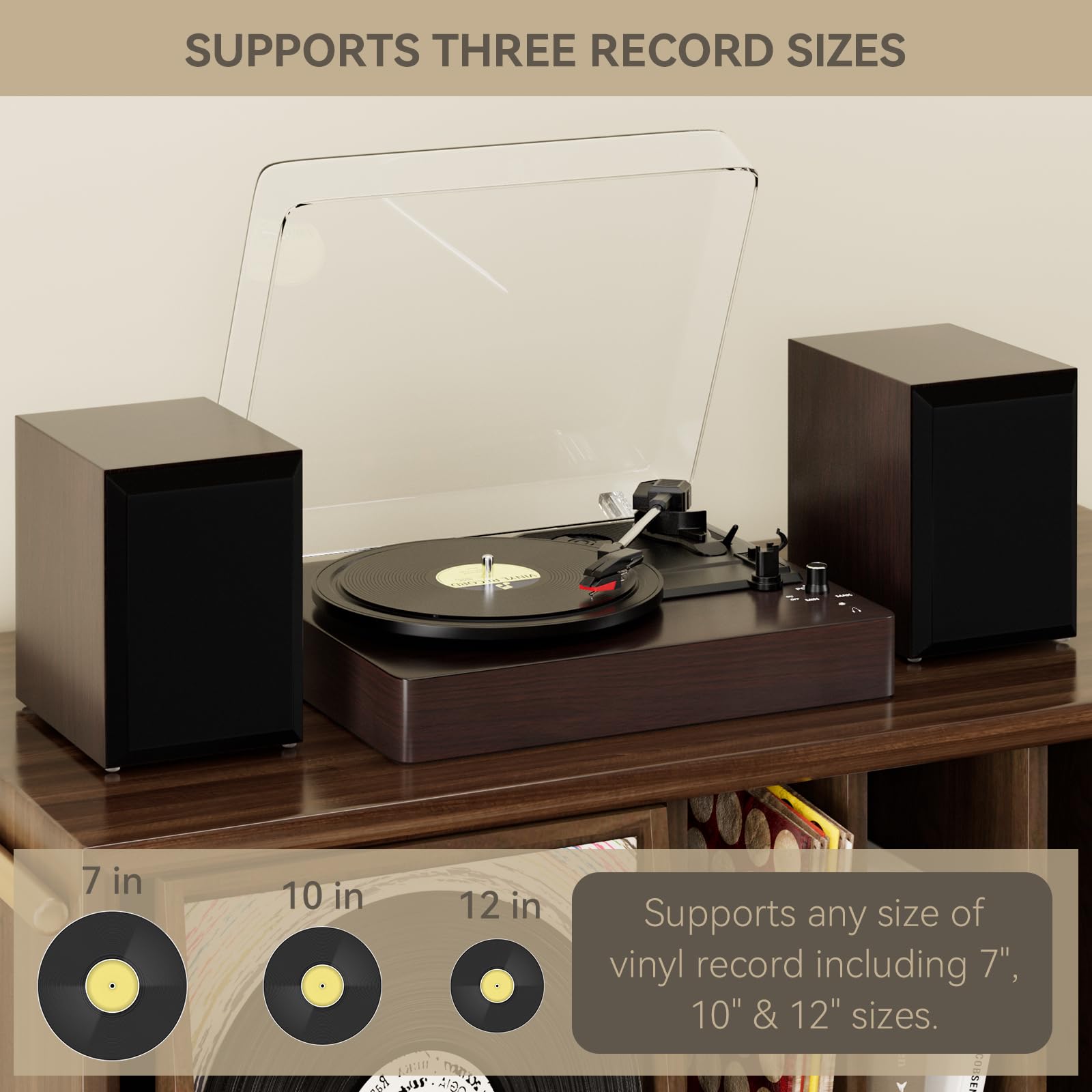 Topteng Schallplattenspieler mit Lautsprecher, 3-Geschwindigkeiten (33/45/78 U/min) für 7/10/12 Zoll Vinyl-Schallplatten, Geteilter Turntable Record Player, mit LP Modus - Zum entspannten Musikgenuss