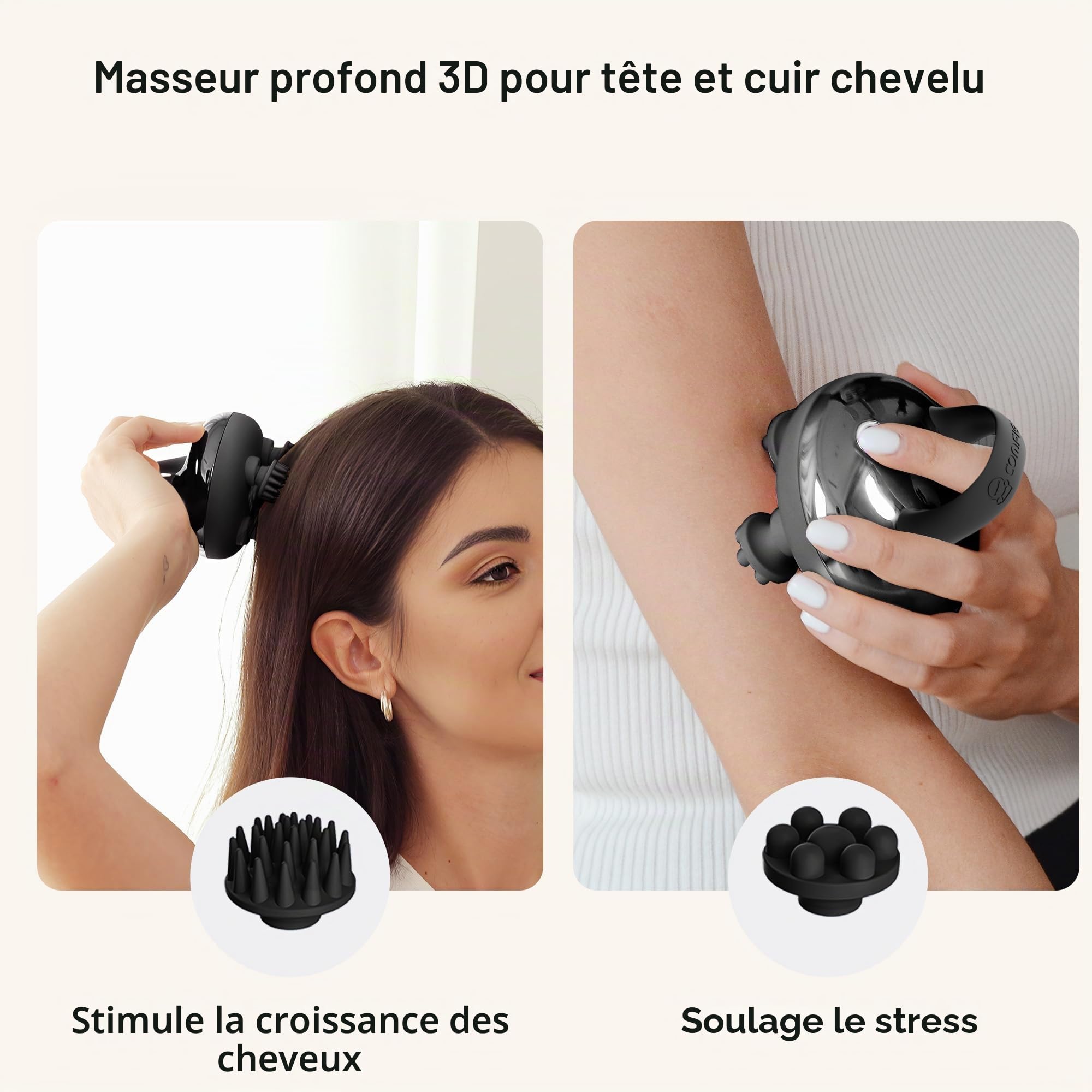 COMFIER Masseur de tête sans fil électrique, 3 modes de pétrissage, étanchéité IPX7, 8 griffes pour un massage tete profond, stimulation capillaire et nettoyage du cuir chevelu, cadeau pour la détente