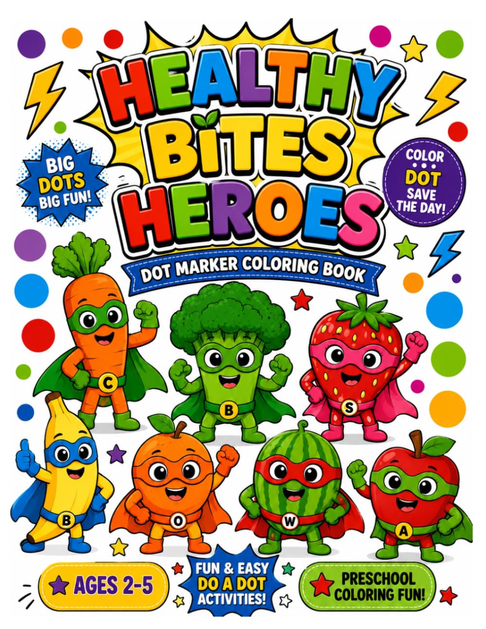 HEALTHY BITES HEROES: Dot Marker Coloring Book for Kids Ages 2–5 Easy and Fun Do a Dot Activities Featuring Fruits, Veggies & Healthy Habit Heroes