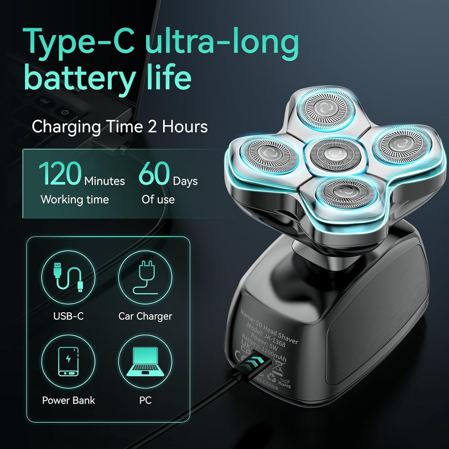 kensen Rasoio Testa Calva Impermeabile 5D Rasoio Elettrico Capelli 0 mm Wet & Dry Rasoio Elettrico Barba 120 Min con con Testina per Naso + Orecchie & Pettine Limitatore(3/5/7mm)