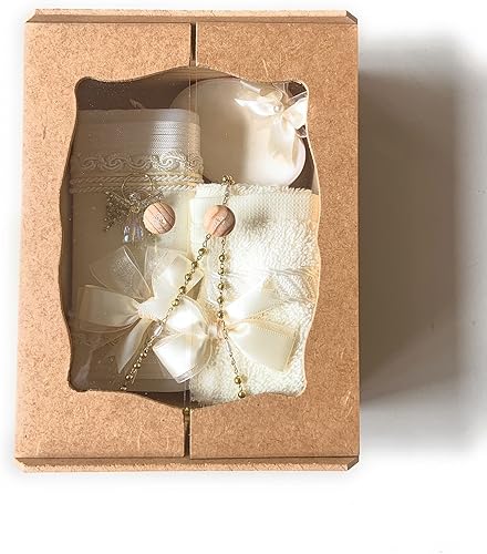 Miniatura 6 de Kit de bautismo católico en caja de madera con toalla, vela, rosario y concha para bebés niños y niñas. Hecho a mano en México Regalo para padrinos.