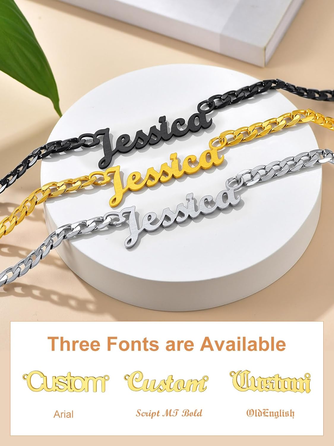 Custom4U Personalized Cuban Link Chain for Women, Silver/Black/Gold Plated Stainless Steel Cuban Chain Men Names Necklace, Customized Gift for Her(with Gift Box)