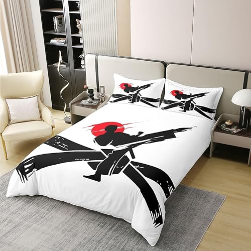 Funda de edredón con temática de taekwondo, 100% algodón natural, tamaño Queen, silueta abstracta de atleta geométrica, cinturón negro, funda de