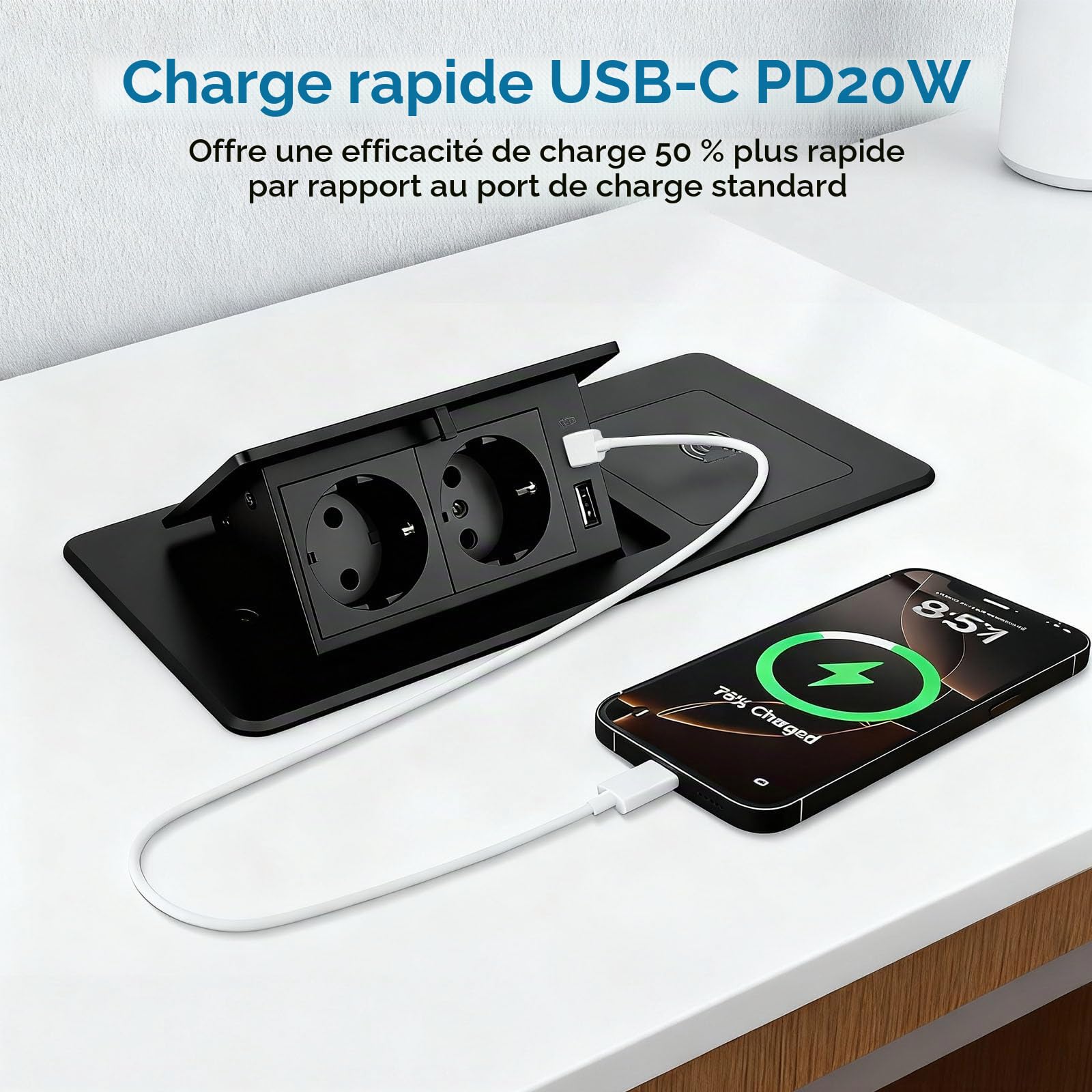 Prise Encastrable avec Chargeur USB-C PD20W et Charge sans Fil 15W, Prise de Bureau 2 Prises pour Plan de Travail Cuisine et Bureau
