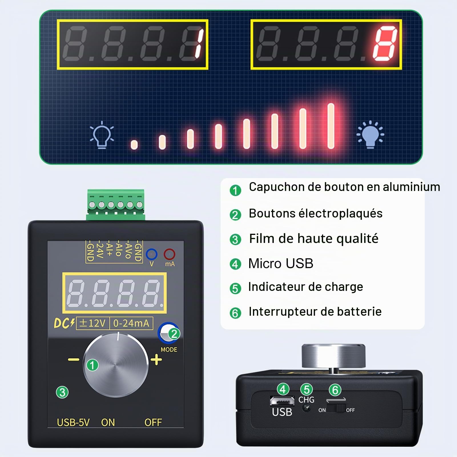 DEWIN Générateur de Signal, Générateur de Signal de Tension Analogique Portatif de Haute Précision SG-002 Transmetteur de Courant 0-22mA 0-10V
