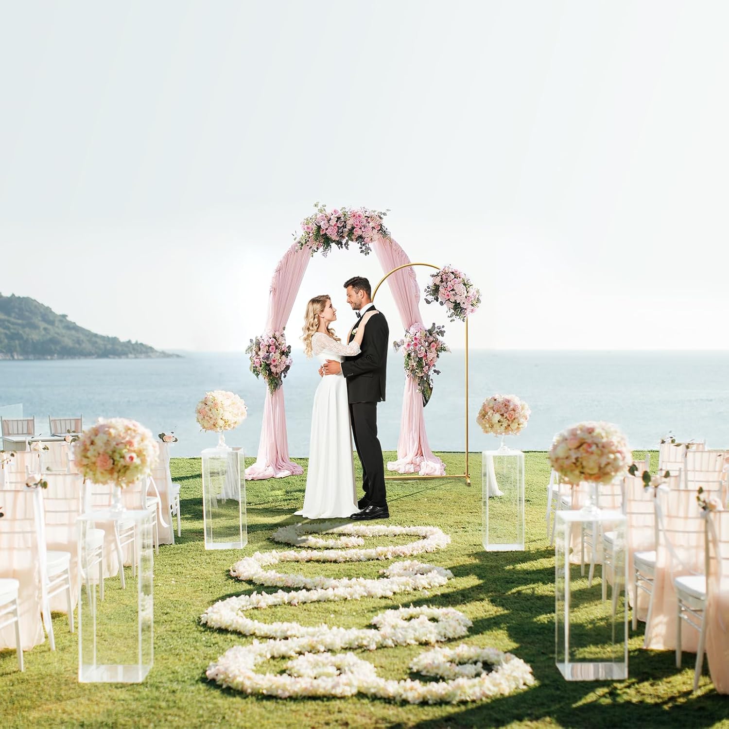 GRENTY Metal Arch Backdrop Stand and Cover Set 7.2FT/6FT, Wedding Arch Frame with Spiral Rotating Joint and 2 Wrinkle-Resistant Cover for Birthday, Anniversary, Wedding, Party, Baby Shower