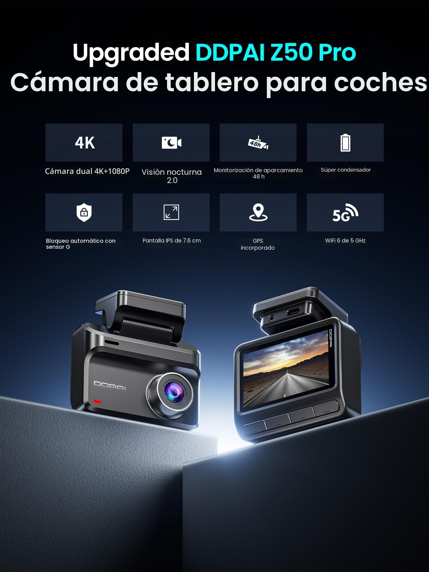 DDPAI Z50 Pro Dashcam, 4K+1080P Cámara Coche Grabadora con Tarjeta de 128 GB, Visión Nocturna AI-ISP, 5GHz Wi-Fi 6, GPS, 4G LTE Compatible, Modo Estacionamiento 48H, Pantalla IPS de 3'', Sensor G