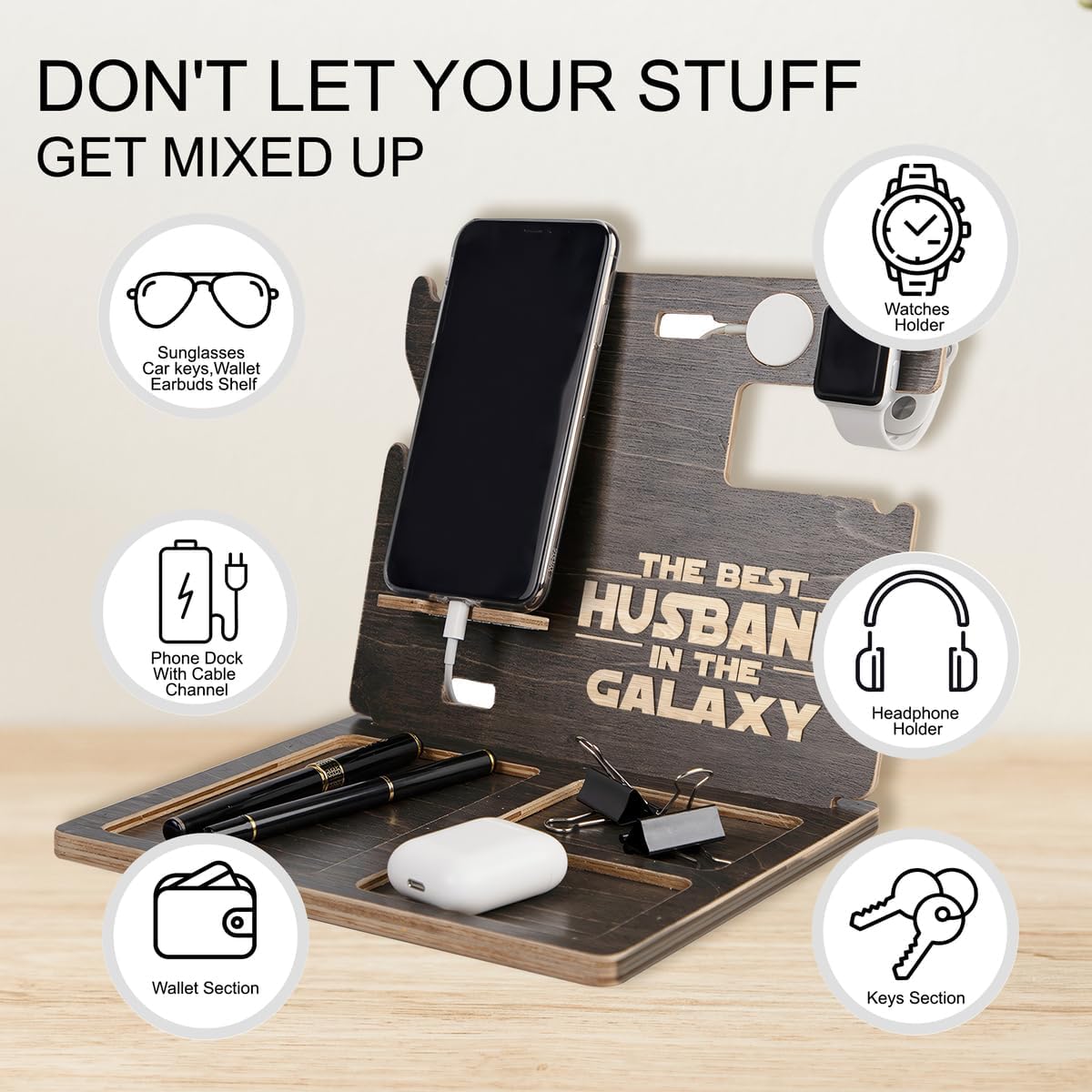 Wood Phone Docking Station for Men, Desk or Nightstand Organizer, Fathers Day - Birthday for Husband - Dad - Daddy (Husband)