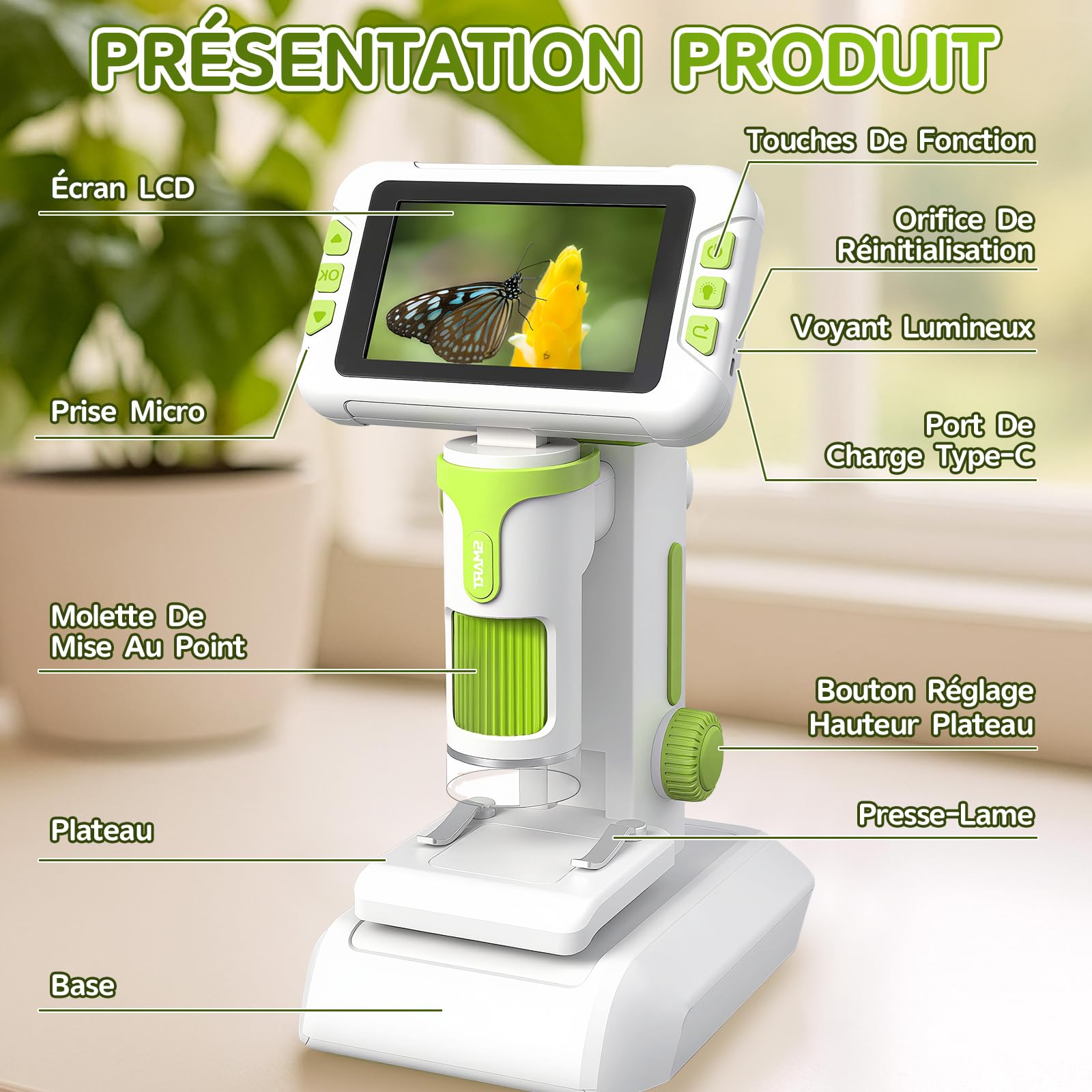 Charmofun Microscope Enfant Portable avec Carte Mémoire 64Go, Écran LCD 4 Pouces, Grossissement 1600X, Prise de Photos et Vidéos