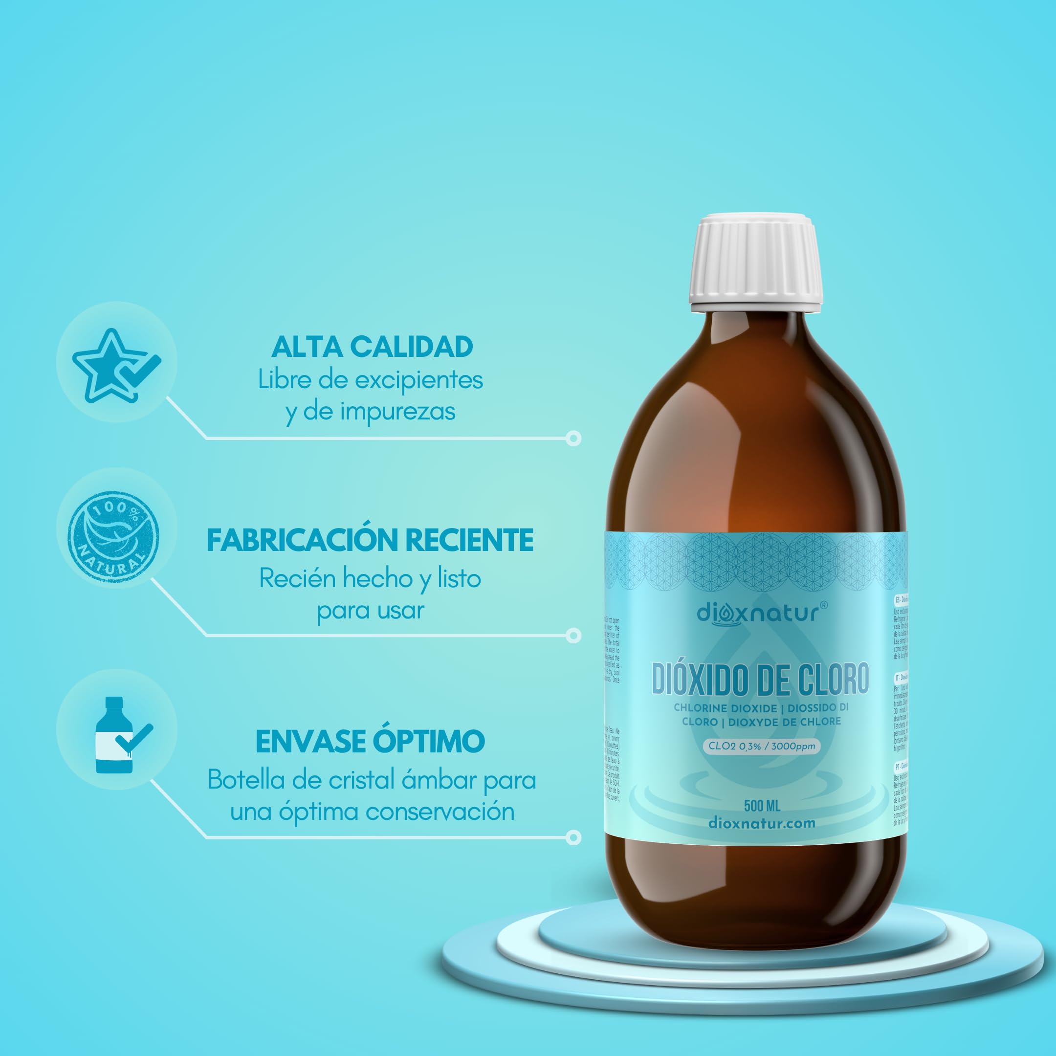 Dióxido de Cloro 500 ml 3000 ppm tamaño Ahorro CDS Fabricado y registrado en España Botella de Vidrio ámbar. Incluye Jeringa 10ml