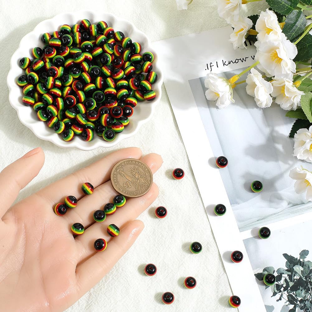 Lot De 200 Perles Rondes Rasta Jamaïque à Rayures Noires