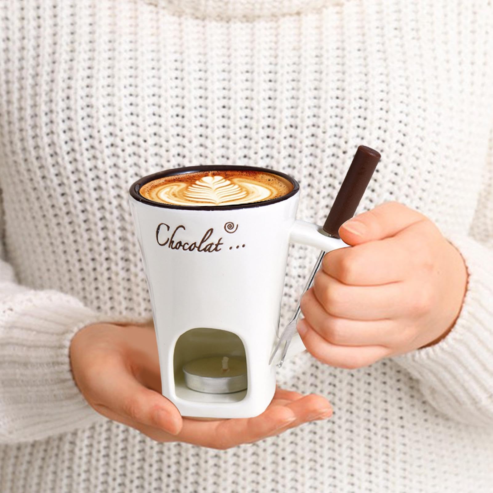 Chocoladefondue mok keramische chocoladefondueset kaassmeltbeker met theelichthouder en vorken, chocolade smeltpot kaasfonduepan theelichtfondue smeltkroes voor snoep boter (beige