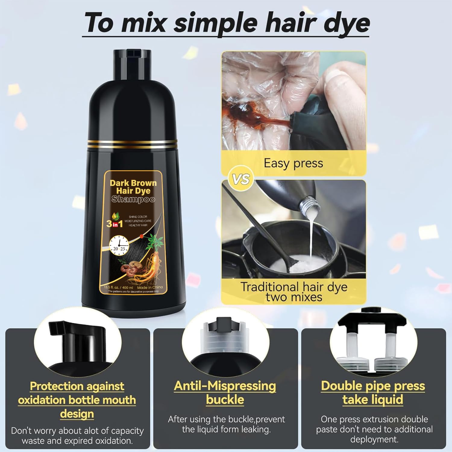 Herbal 3-in-1 Hair Dye Shampoo for Gray Hair Coverage