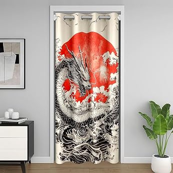 Loussiesd Dragon Door Curtain 106 x 203 cm Boys Girls Japanese Wave Curtain Loong Red Sunset Door Curtain Japanese Style Curtain for Interior Door Room Divider