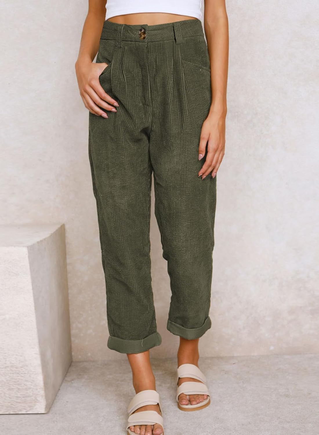 Acelitt Womens Elastic Waist Straight Leg Corduroy Pants with Pockets, S-2XL - Image 2