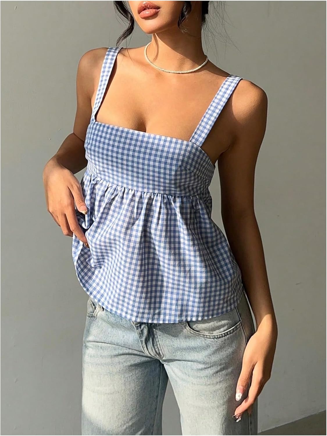 SOLY HUX Women's Y2k Plaid Print Tank Top Square Neck Bow Tie Summer Babydoll Shirts - Image 5