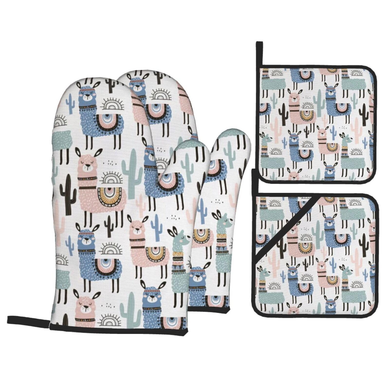 Llama Alpaca Cactus Print 4-Piece Oven Microwaving Set Waterproof Kitchen Gloves for Baking Grilling Cooking