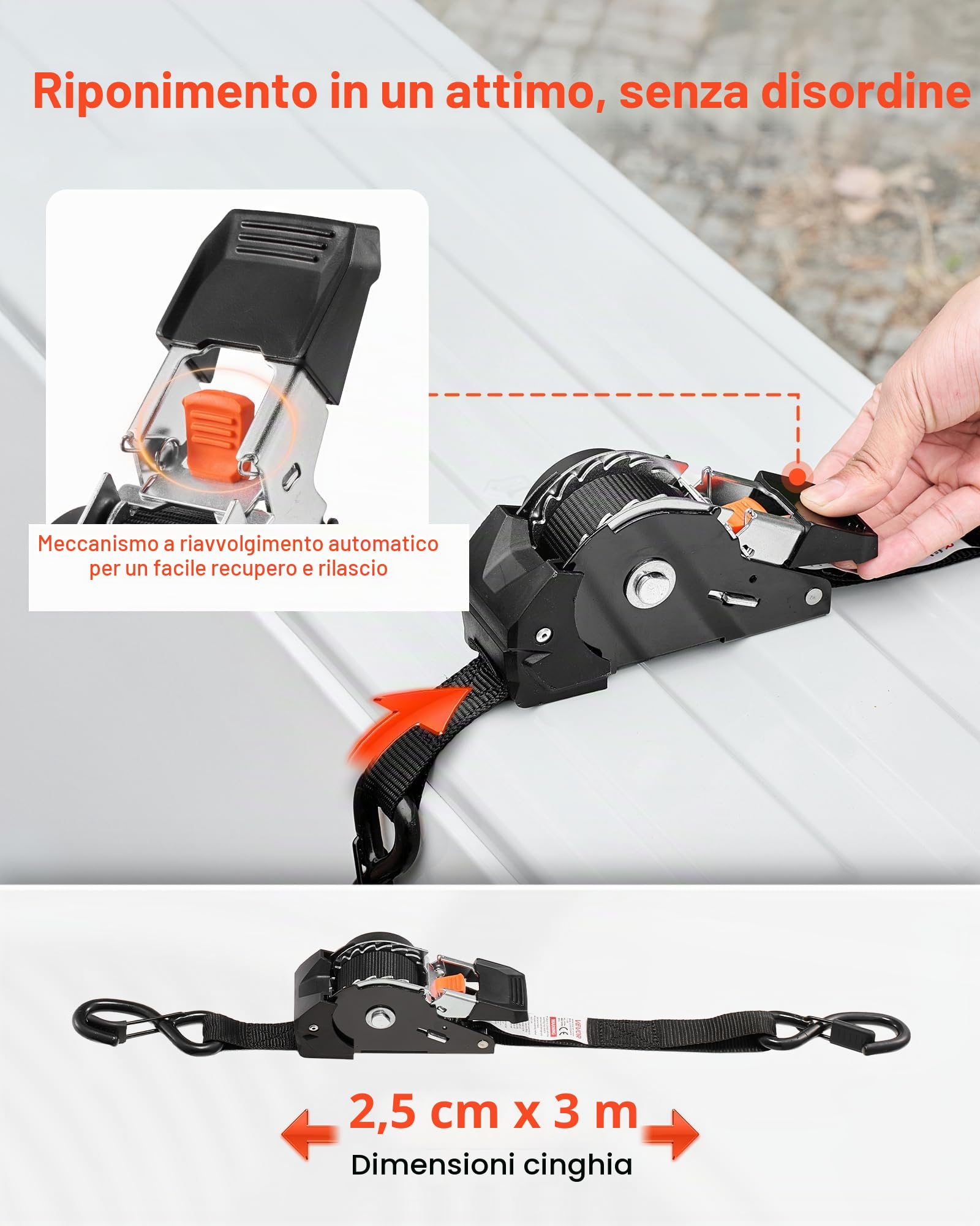 VEVOR Cinghie di Fissaggio con Doppio Gancio a S da 25,4 mm x 3 m, Resistenza alla Rottura di 544 kg, Borsa per il Trasporto, per Traslochi, Rimorchi, Motociclette, Kayak, Tetto, Confezione da 4