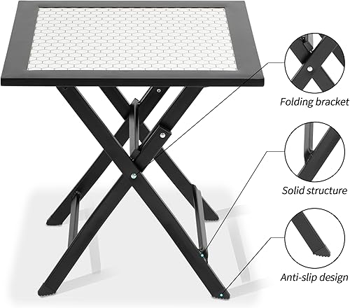 Miniatura 5 de Mesa auxiliar de patio, mesa plegable pequeña de 18.5 pulgadas para exteriores e interiores, mesa de bistró cuadrada con azulejos de metal y