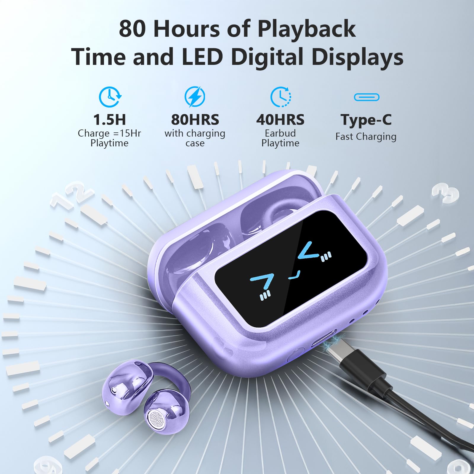 Cuffie ultra aperte Bluetooth 5.4 wireless a clip con display digitale custodia di ricarica 60 ore di riproduzione auricolari sportivi microfono integrato IPX7 impermeabili per corsa fitness