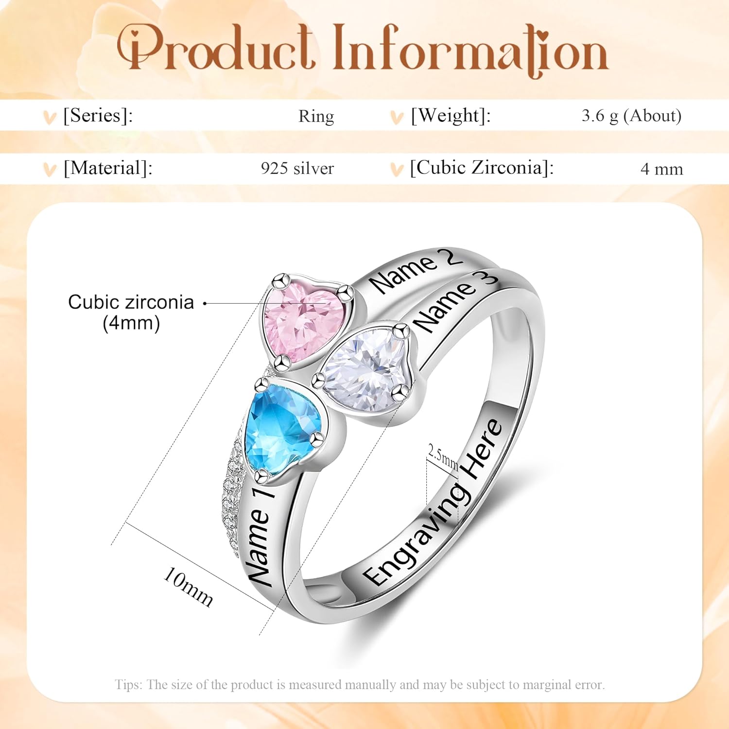 925 Sterling Silver Personalized Mothers Ring with 2 Birthstones Custom Engraved Name Engagement Wedding Promise Rings for Women Mothers Day Birthday Gifts for Mom Grandma Wife