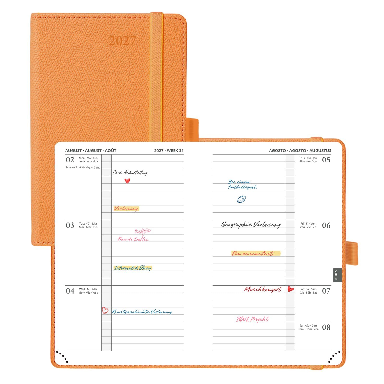 POPRUN Taschenkalender 2027 Wochenplaner Horizontal A6(15,6x10cm) Hardcover | PU-Leder,(Jan.2027-Dez.2027),Planer 1 Woche 2 Seite(Montag - Sonntag),Terminplaner mit 100 GSM Papier(Orange)