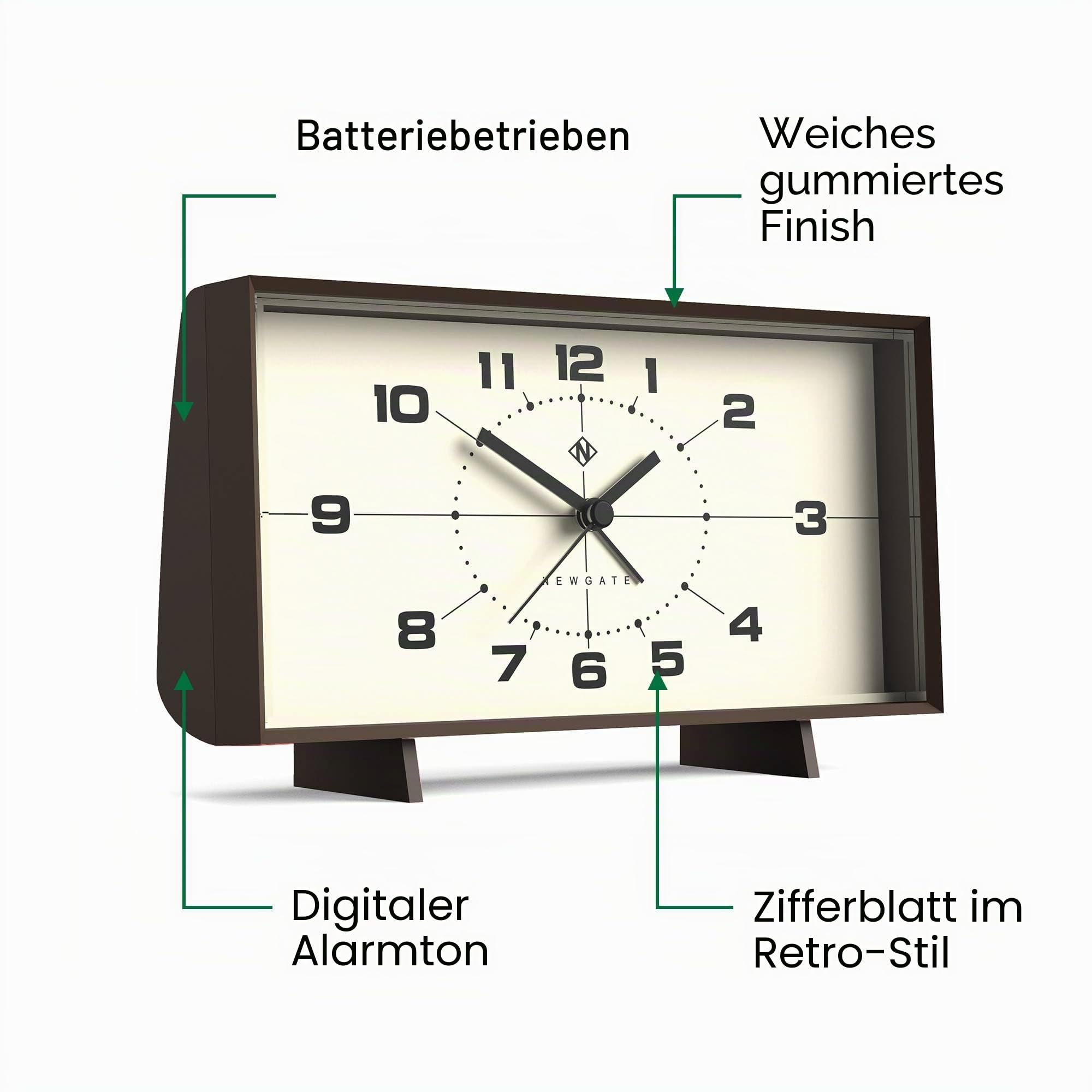 NEWGATE® Wideboy Wecker | Rechteckiges Retro-Design | Mokkabraun | Mid-Century-zifferblatt | Ideal für nachttisch, Schreibtisch, kaminsims oder Regal | Retro-Schlafzimmer- und bürozubehör