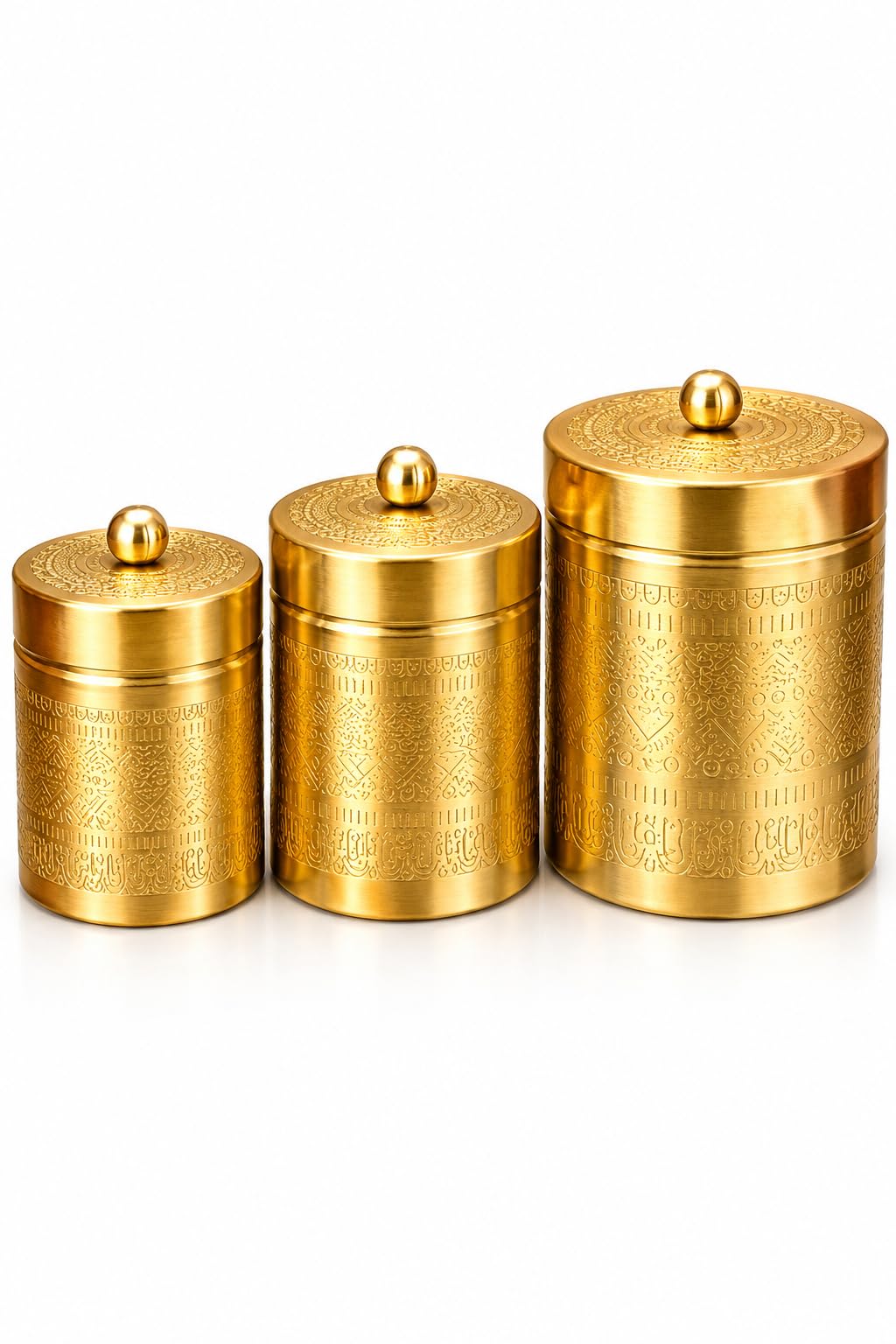 Brass Jar Set of 3 with Engraved Design & Lid, Gold Finish Cylindrical Storage Canisters for Kitchen, Tea Coffee Sugar Dry Fruits, Traditional Decorative Organizer Containers-image-49