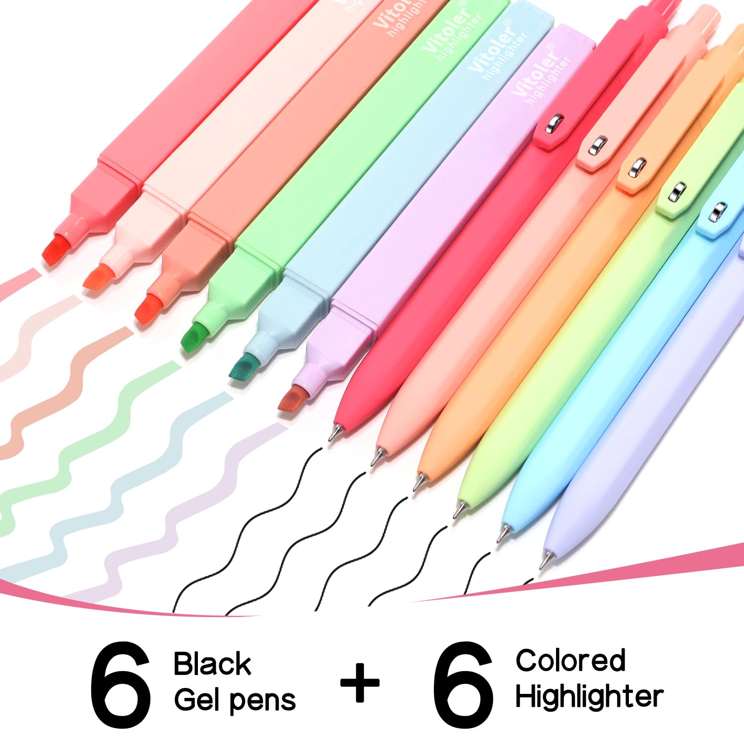 Vitoler Textmarker- und Gelstifte-Set, 6 ästhetische Textmarker und 6 schwarze Tintenstifte, Lehrer-Wertschätzungsgeschenke für Studium, Journaling und Bürobedarf
