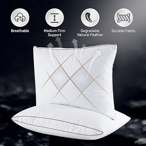 Miniatura 4 de Almohadas de plumas de ganso y plumón, almohada ovalada de plumas reforzadas para dormir, funda de almohada 100% algodón, tamaño estándar, 20 x 26