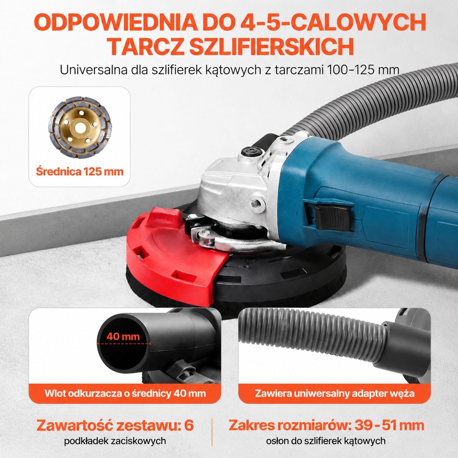Osłona do szlifierki kątowej z diamentową tarczą garnkową, 6 pierścieni zaciskowych, czerwono czarna obudowa