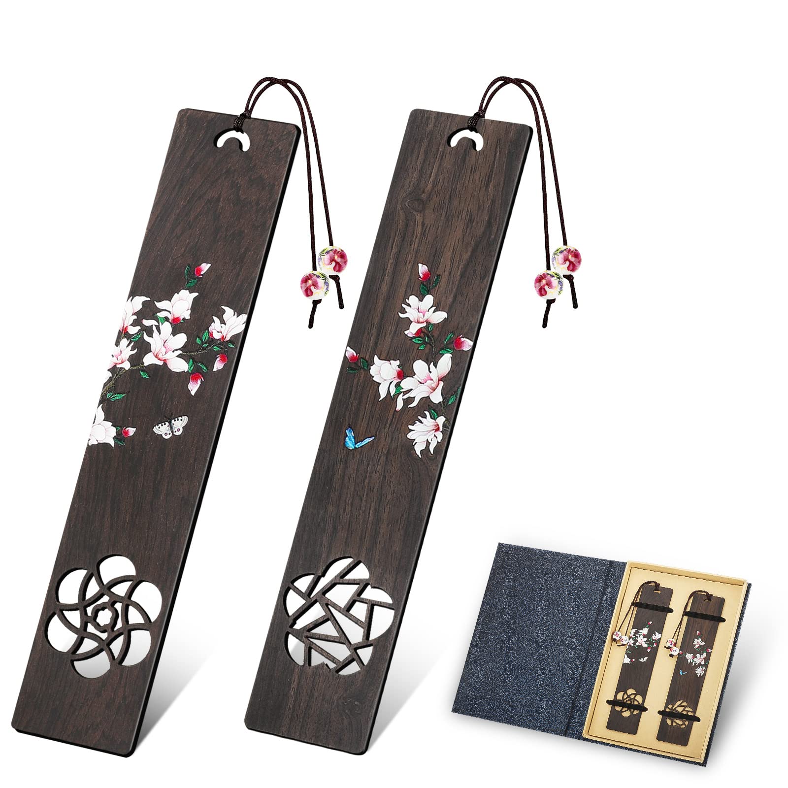 2 MarcapáGinas de Madera Tallada Y Pintada A Mano, Empaquetados En Exquisitas Cajas de Regalo, Regalo Especial para Profesores, Estudiantes, Lectores, Hombres Y Mujeres (Magnolias Y Mariposas)