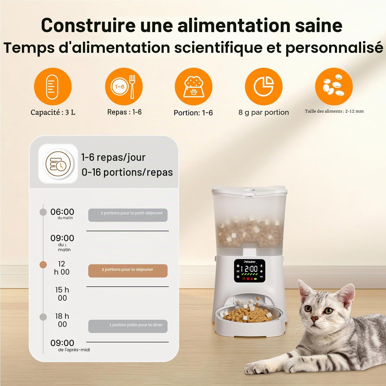 Distributeur Croquettes Chat Automatique, 3L avec Programme d'alimentation Enregistrement Vocal de 10 Secondes, Distributeur Automatique Croquettes Chat de 1 à 6 Repas par Jour