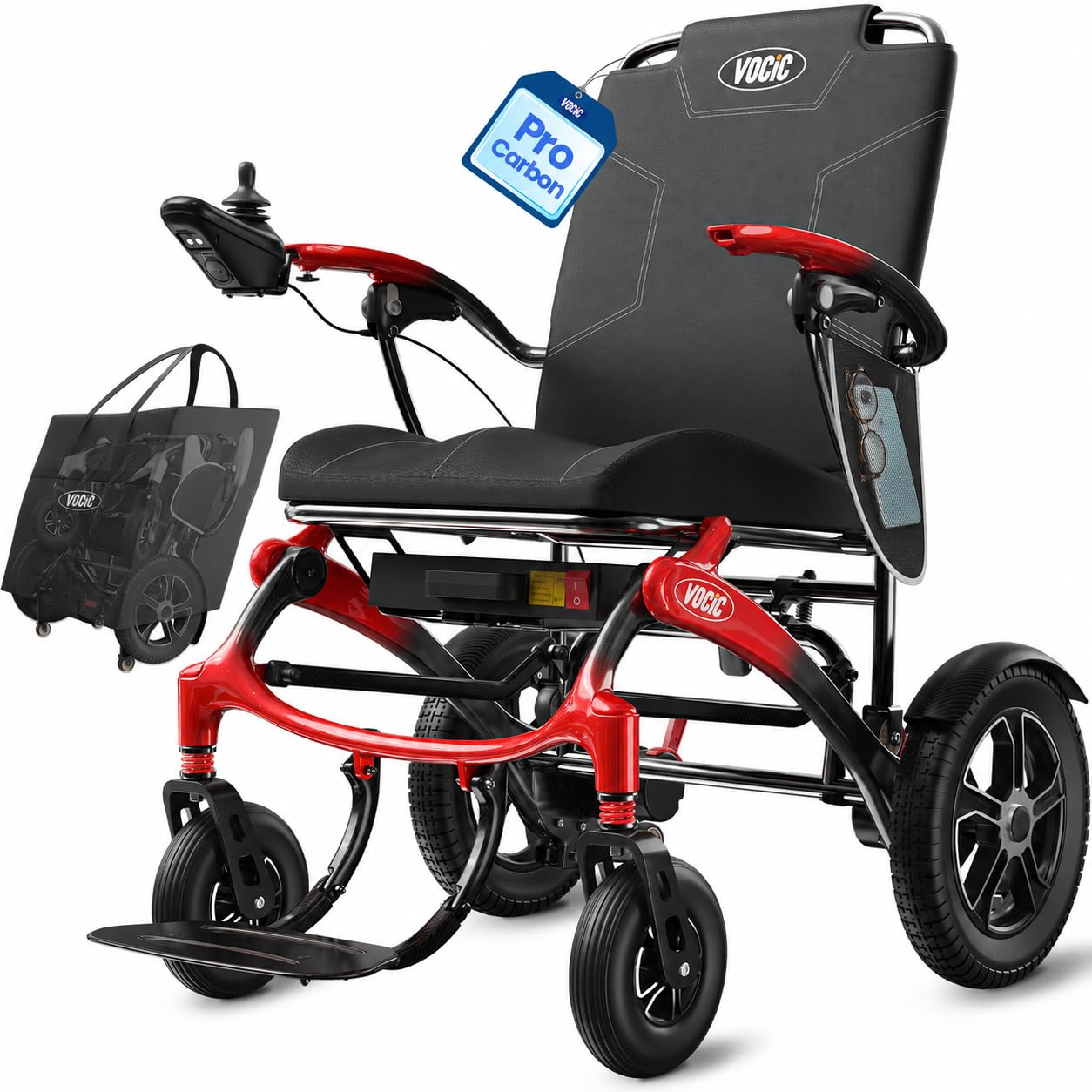 VOCIC V82 Silla de ruedas de carbono eléctrica plegable ligera para personas mayores de hasta 136 kg | Sillas de ruedas eléctricas de transporte, 500 W, motor eléctrico, con neumáticos para exteriores, ligera, color rojo