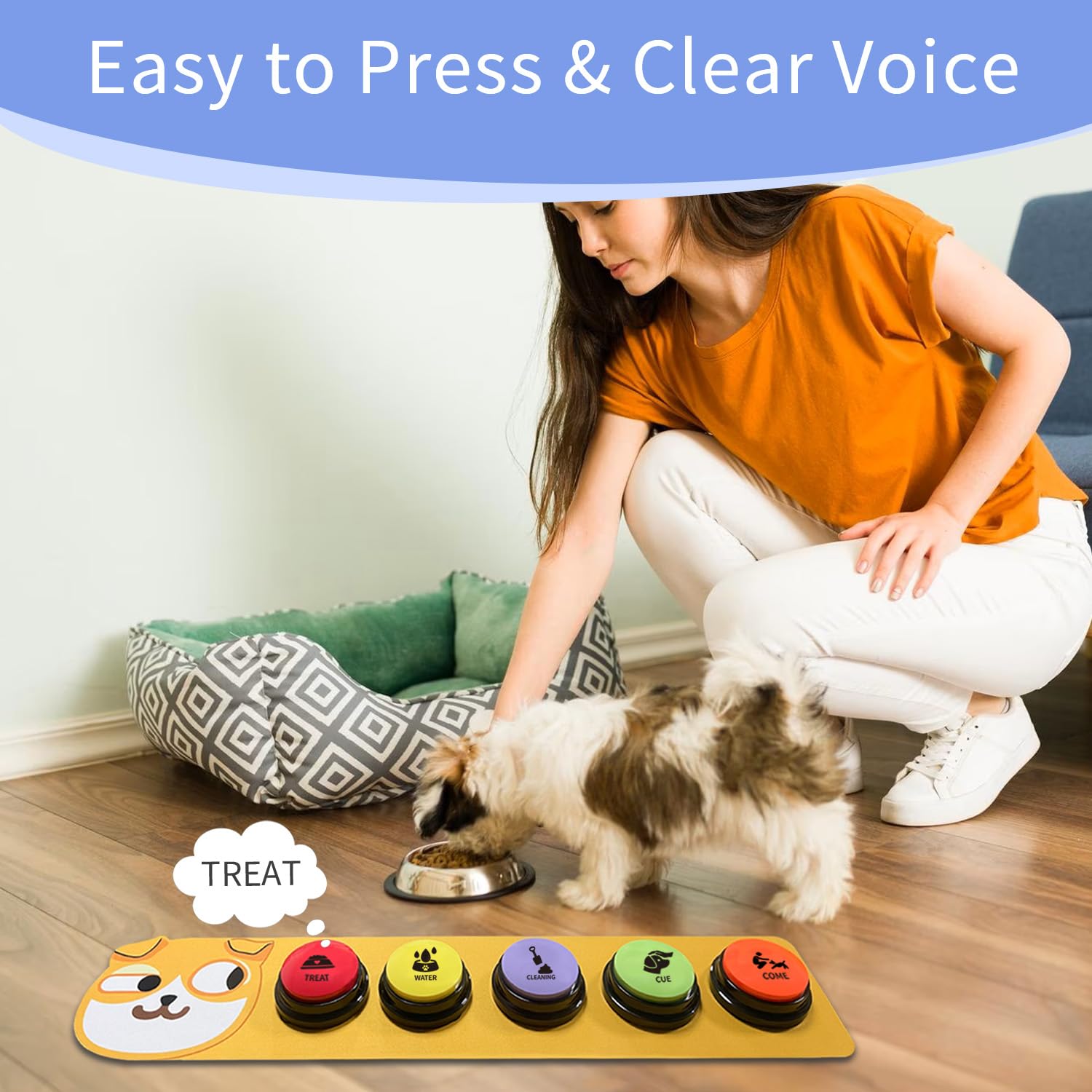 Set 5 Pulsanti per la Comunicazione con i Cani, Pulsanti Registrabili 30 Secondi con 50 Adesivi per Scenari e Tappetino Antiscivolo per Addestramento Domestico, Dispositivo per Addestramento