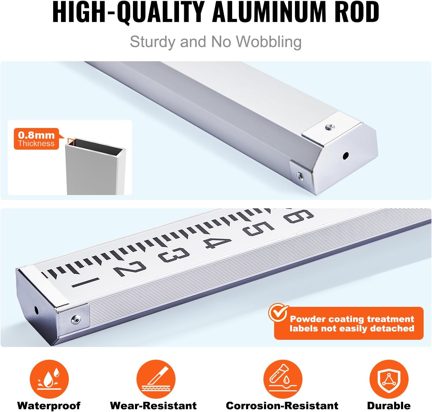 VEVOR Aluminum Grade 9-Feet 3 Sections Telescopic Measuring Rod, Double-Sided Scale 1/10ft Leveling Rod with Bubble Level & Carrying Bag for Houses, Walls, Floors