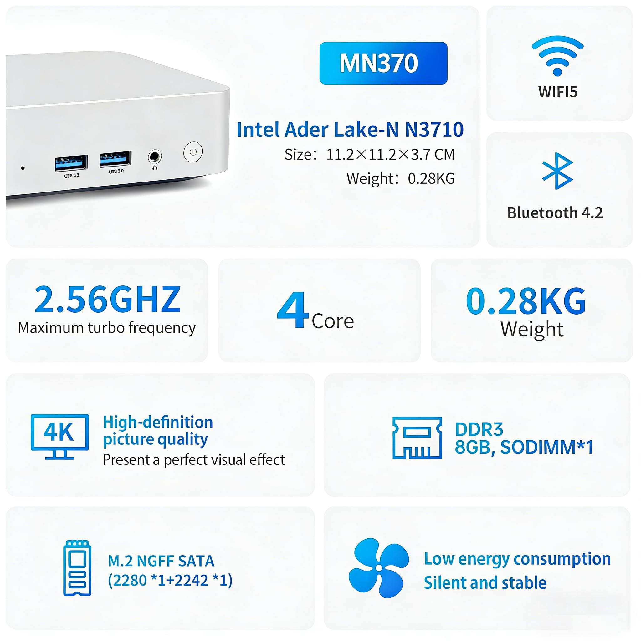 Mini-PC N3710 (4C/4T, 2,4 GHz) 8 GB RAM 128 GB SSD Win10 WLAN5/Bluetooth 4.2/RJ45 LAN 1000M/USB*4/USB-C*2/HDMI*2, 4K@30Hz Dual-Monitor-Ausgabe, ultraleicht, leise, 4-6W energieeffizienter Mini-PC