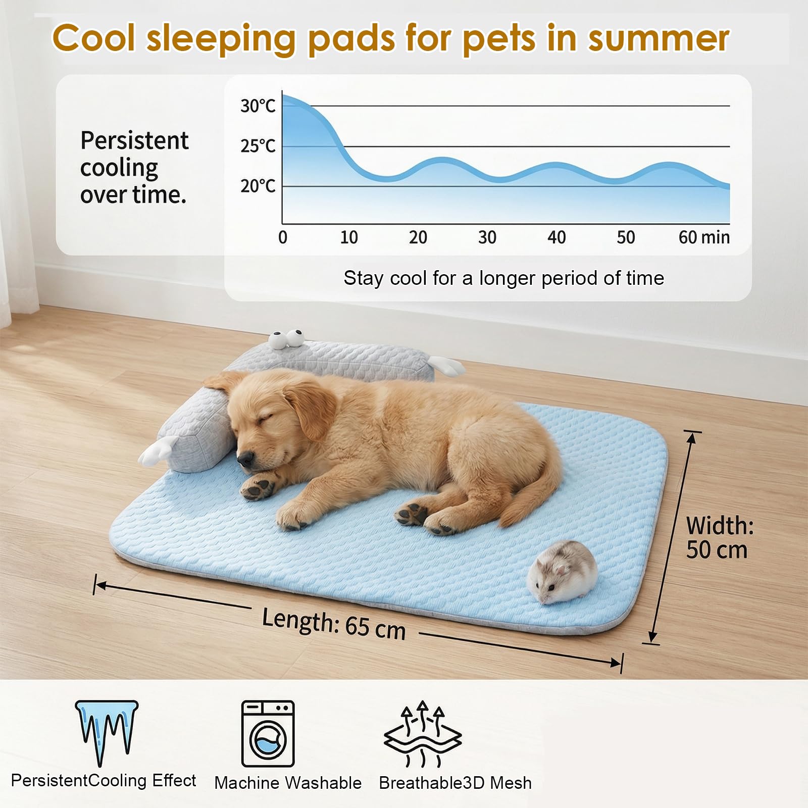 Esterilla de refrigeración para perros y gatos, lavable con almohada, cama para gatos, cama para gatos, cojín de refrigeración de verano, cama lavable para el hogar, viajes y coche (65 x 50 cm
