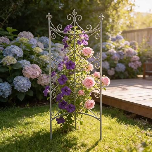 67.72" Tall Iron Garden Fence Panel Vintage Green Decorative Metal Trellis Border, Rustic Outdoor Yard Barrier for Flowers Plants Climbing Vines Pathway Landscape Lawn Patio Decor