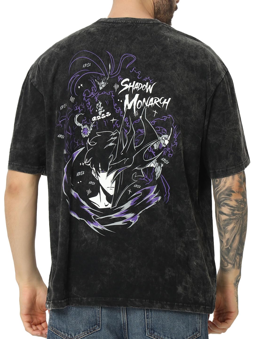 Unisex Anime Oversized Stone Washed T shirts for Men and Women, Shadow Monarch Printed Anime Tshirt